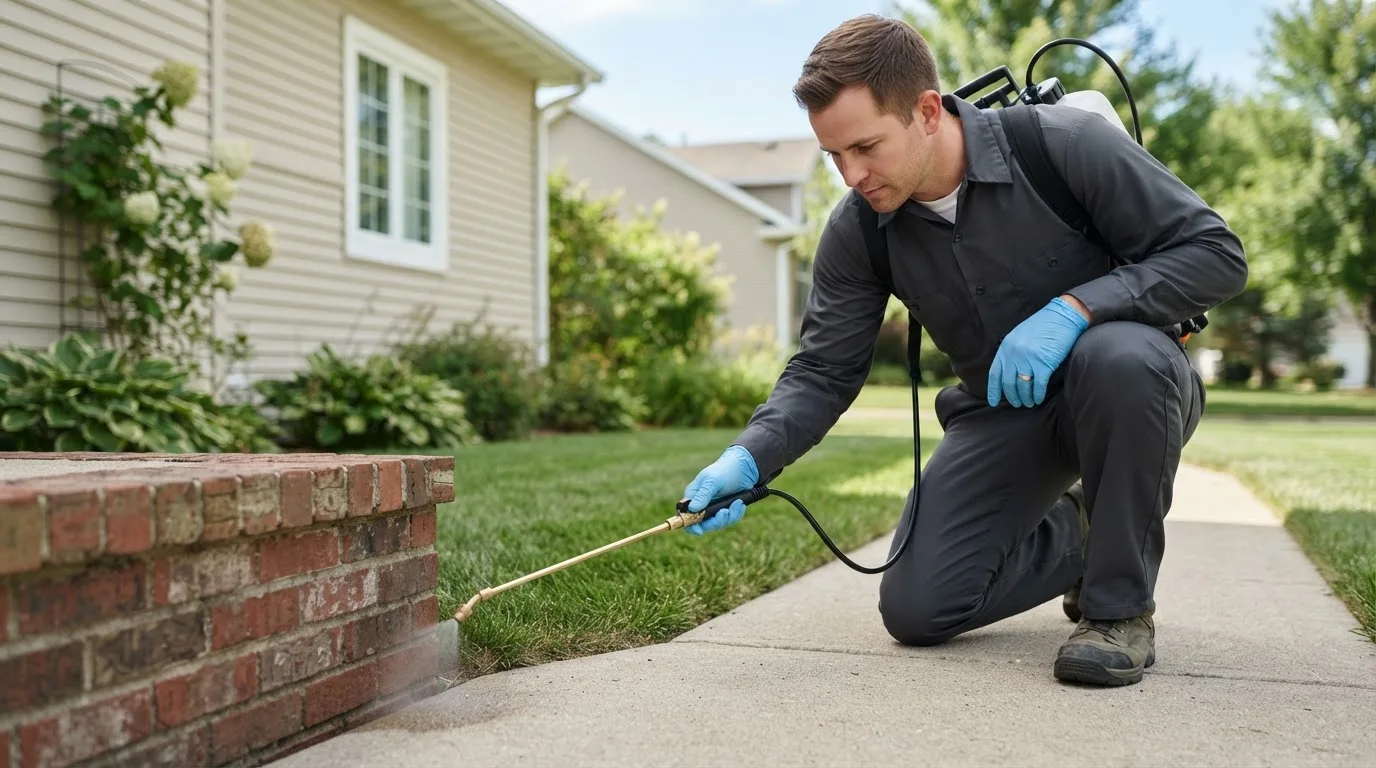 Pest control technician treating a home near Yawkey, WV