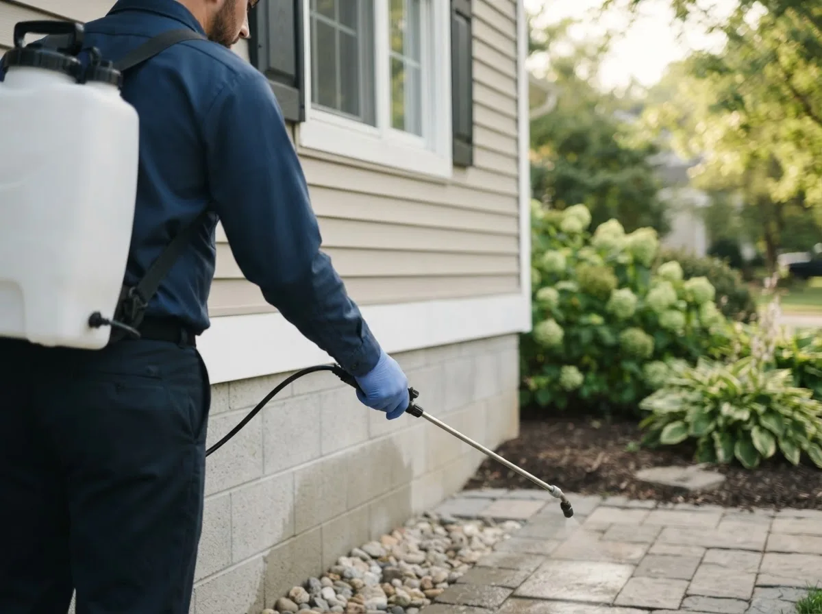 Pest control technician inspecting a home in Yawkey, WV